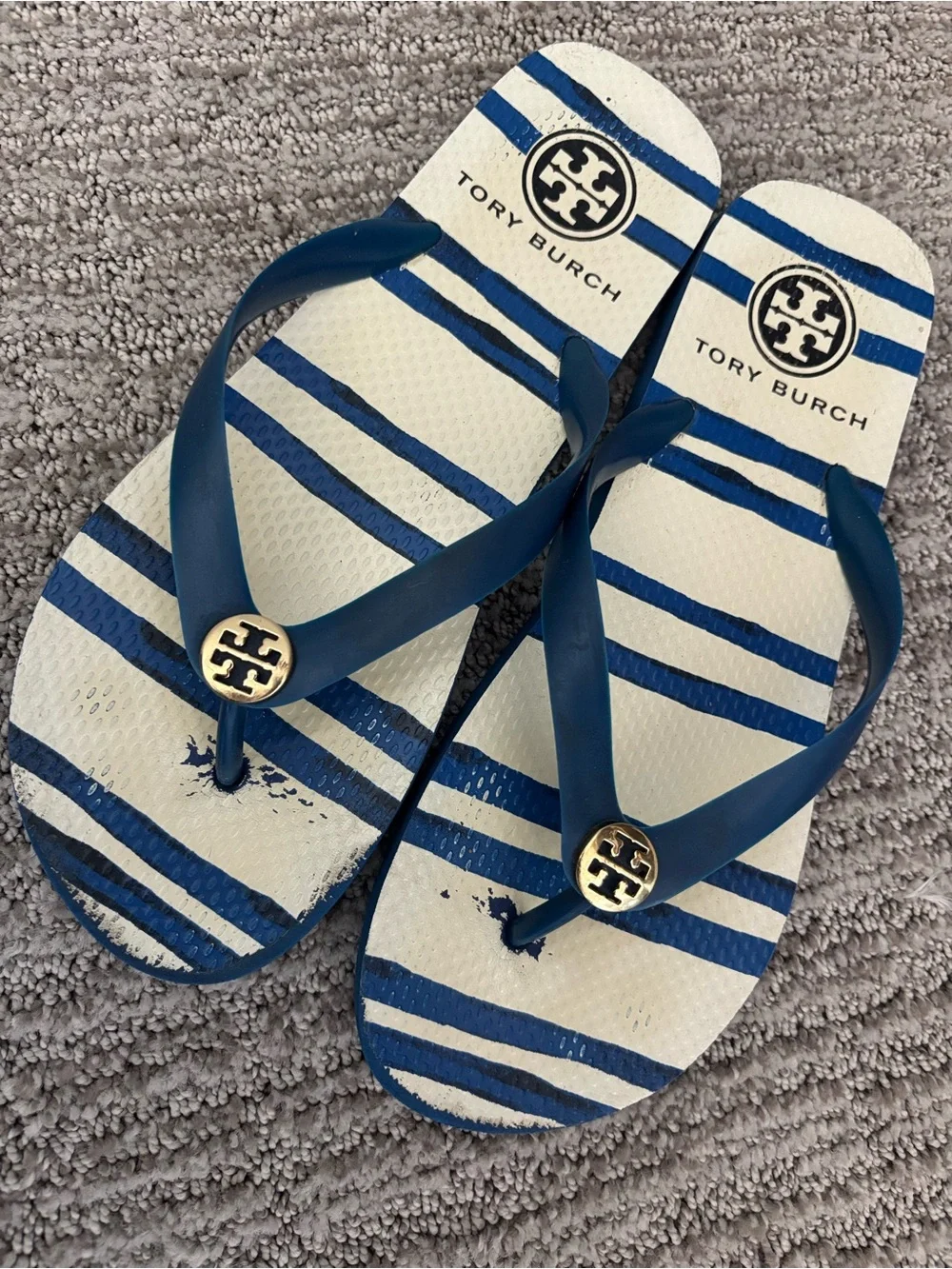 Tory Burch Blue Stripe Logo Medallion Rubber Flip Flops Sandals Women’s Size 8
